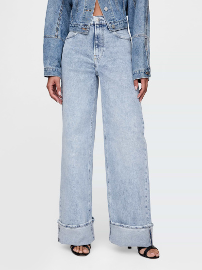 High Rise Stride Cuffed Wide-Leg Jeans - Washed light indigo