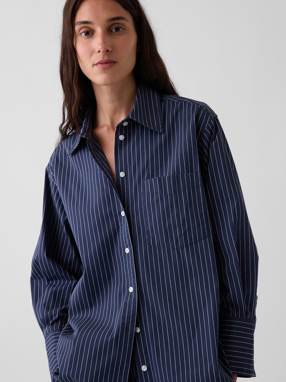 Organic Cotton Poplin Stripe Big Shirt - dark blue stripe