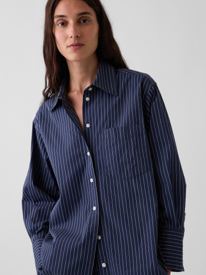 Organic Cotton Poplin Stripe Big Shirt - dark blue stripe