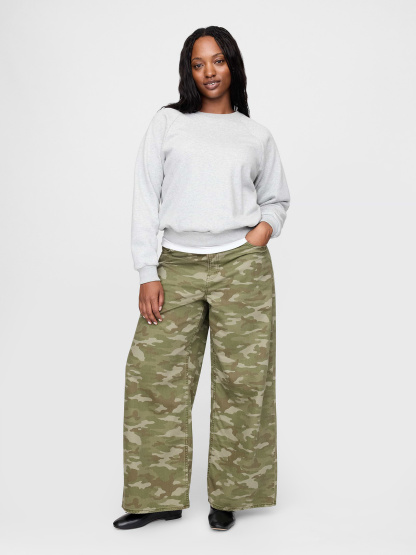 Mid Rise Denim Stripe Baggy Jeans - Green camo