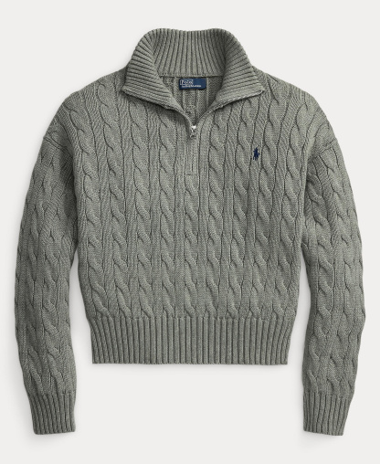 Polo Ralph Lauren Women's Cable-Knit Cotton Quarter-Zip Sweater - Fawn Grey Heather