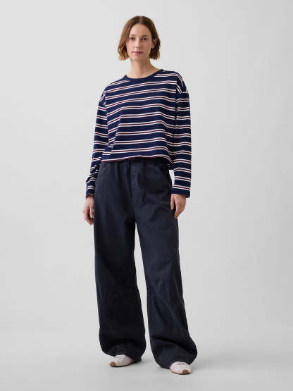 Knit Oversized Crop T-Shirt - White & navy blue stripe
