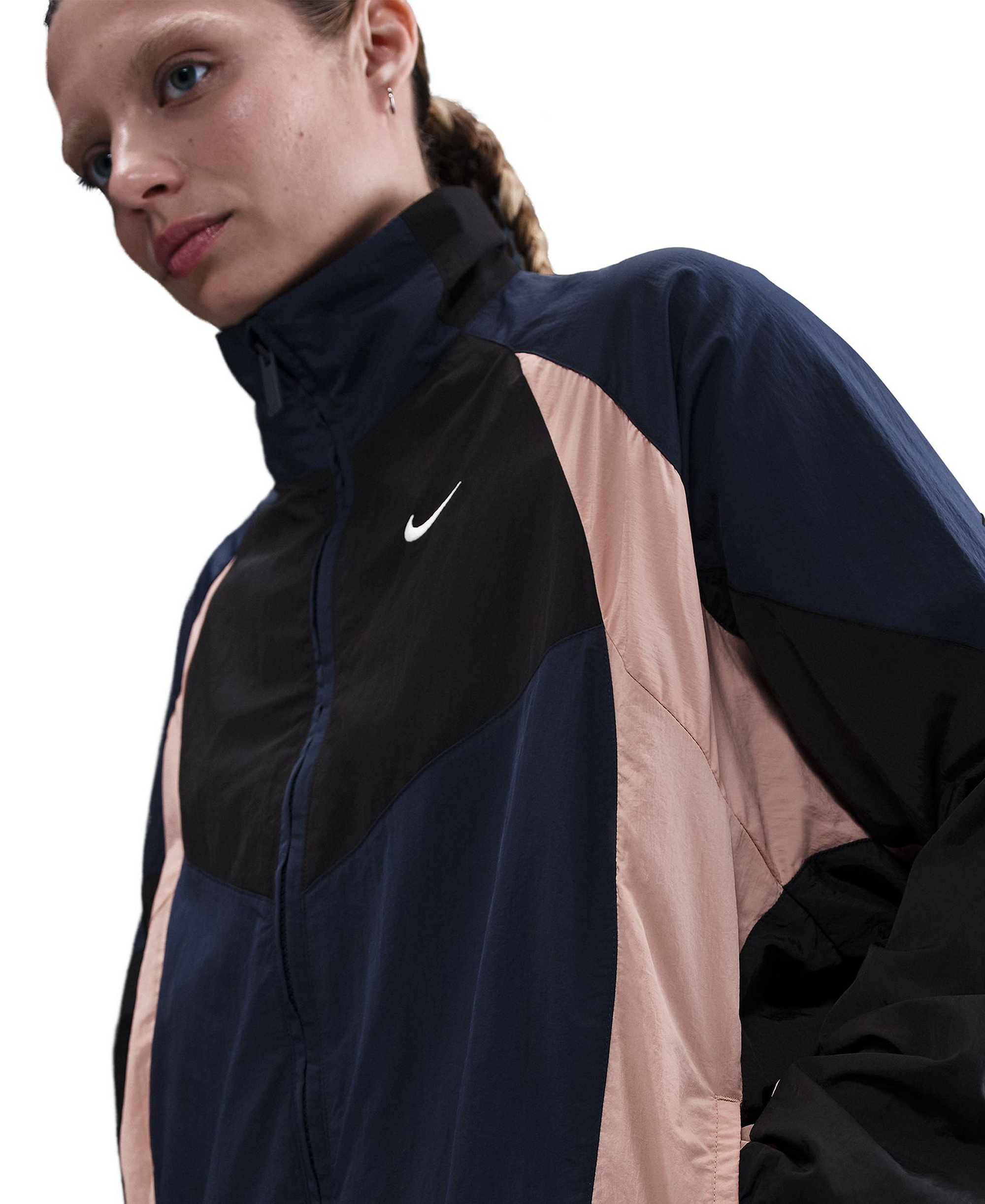 Nike Women's Sportswear Colorblocked Oversized Track Jacket - Midnight Navy/black/particle Pink/sail