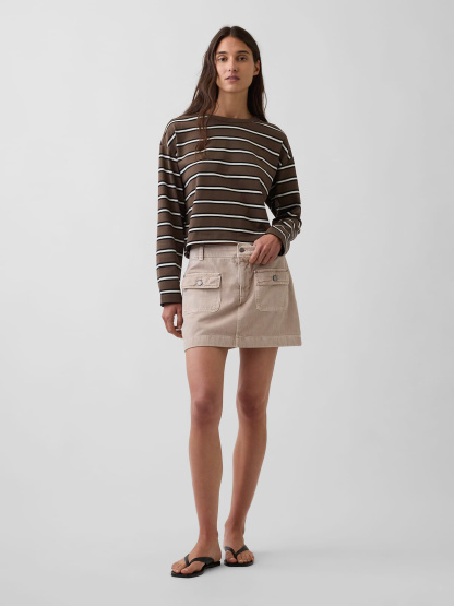 Knit Oversized Crop T-Shirt - Brown & off white stripe
