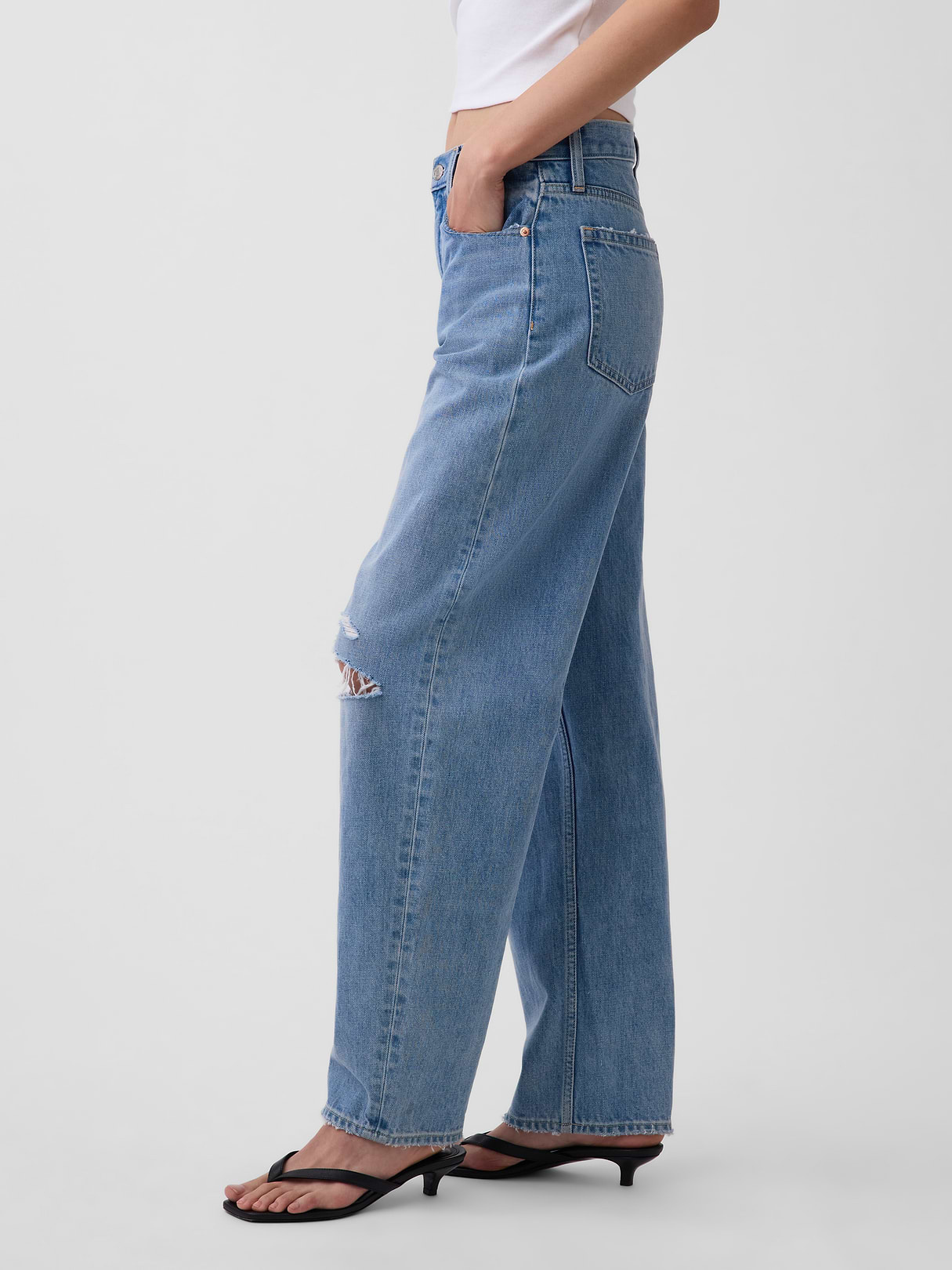 High Rise Khaki Stripe Barrel Jeans - Light indigo destroy