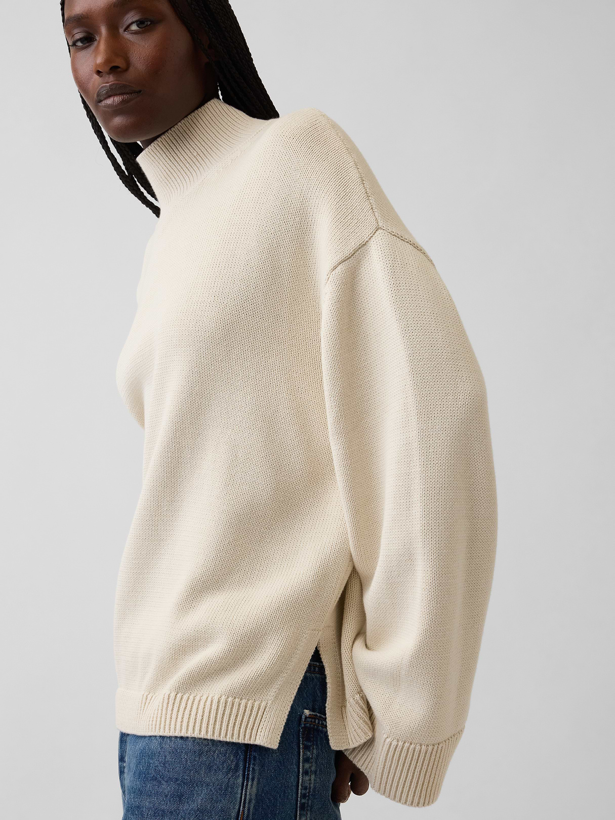 100% Cotton Oversized Mockneck Sweater - Cobblestone beige