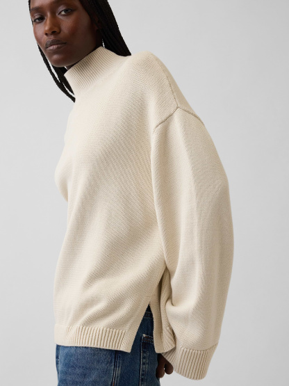 100% Cotton Oversized Mockneck Sweater - Cobblestone beige