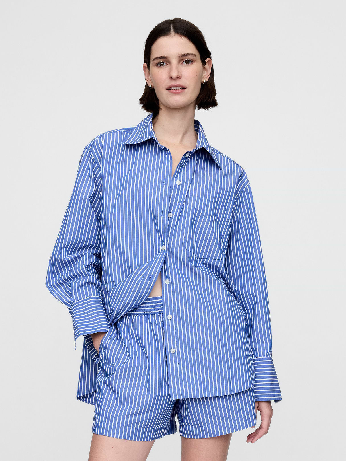 Organic Cotton Poplin Stripe Big Shirt - Blue stripe