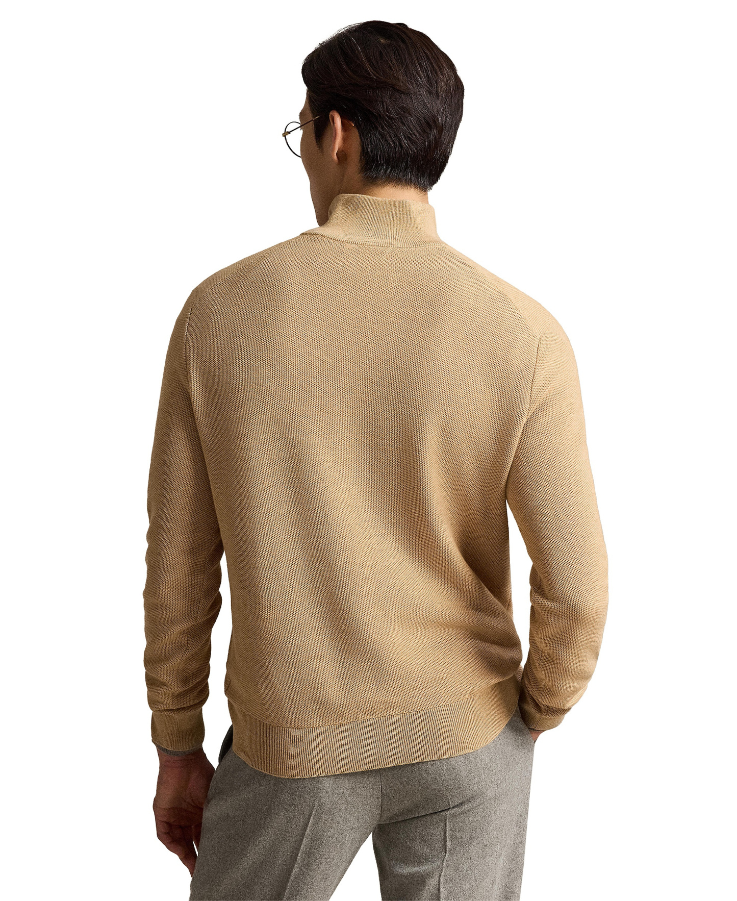 Polo Ralph Lauren Men's Mesh-Knit Cotton Quarter-Zip Sweater - Camel Melange