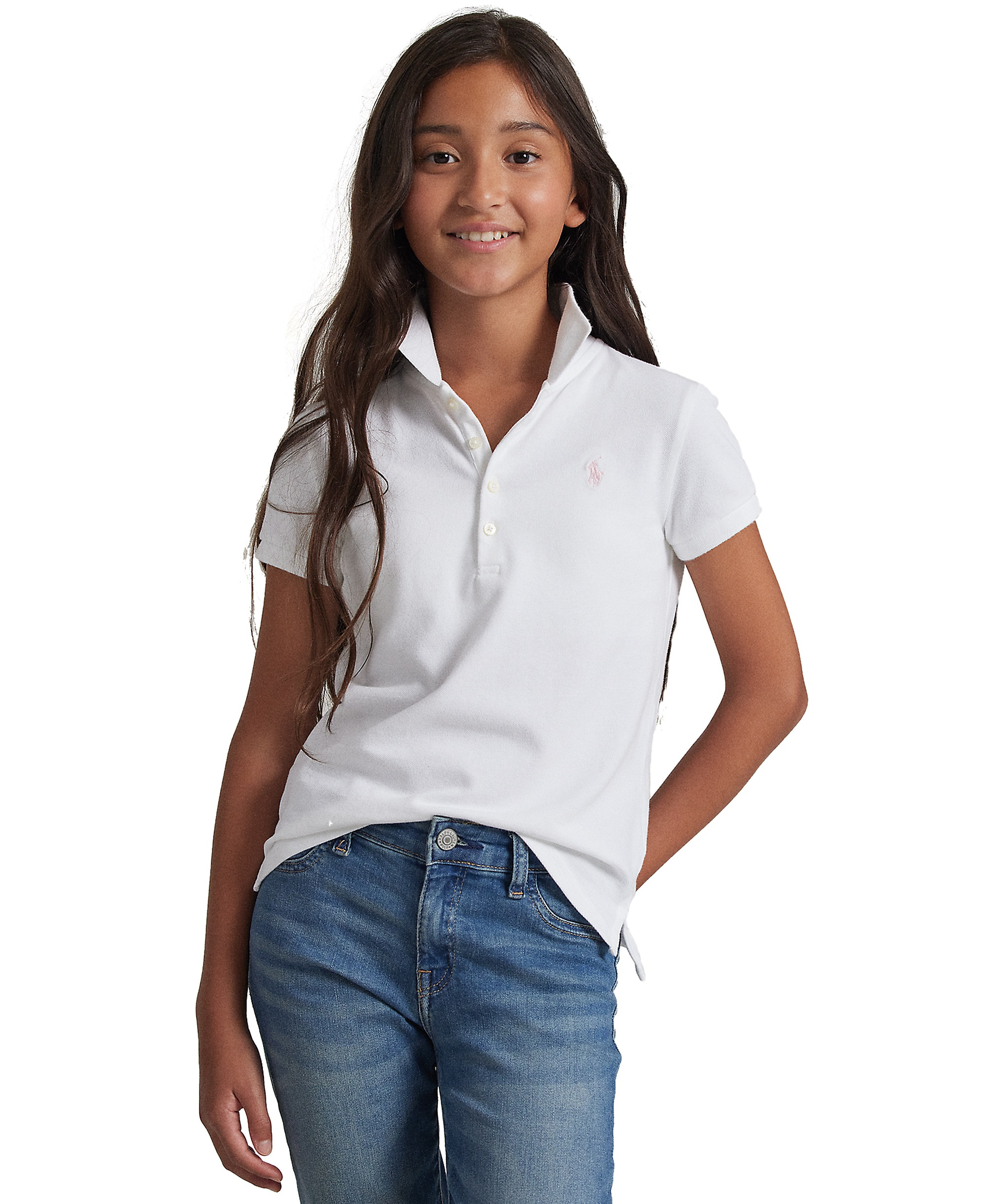 Polo Ralph Lauren Girls' 7-16 Stretch Cotton Mesh Polo Shirt - White