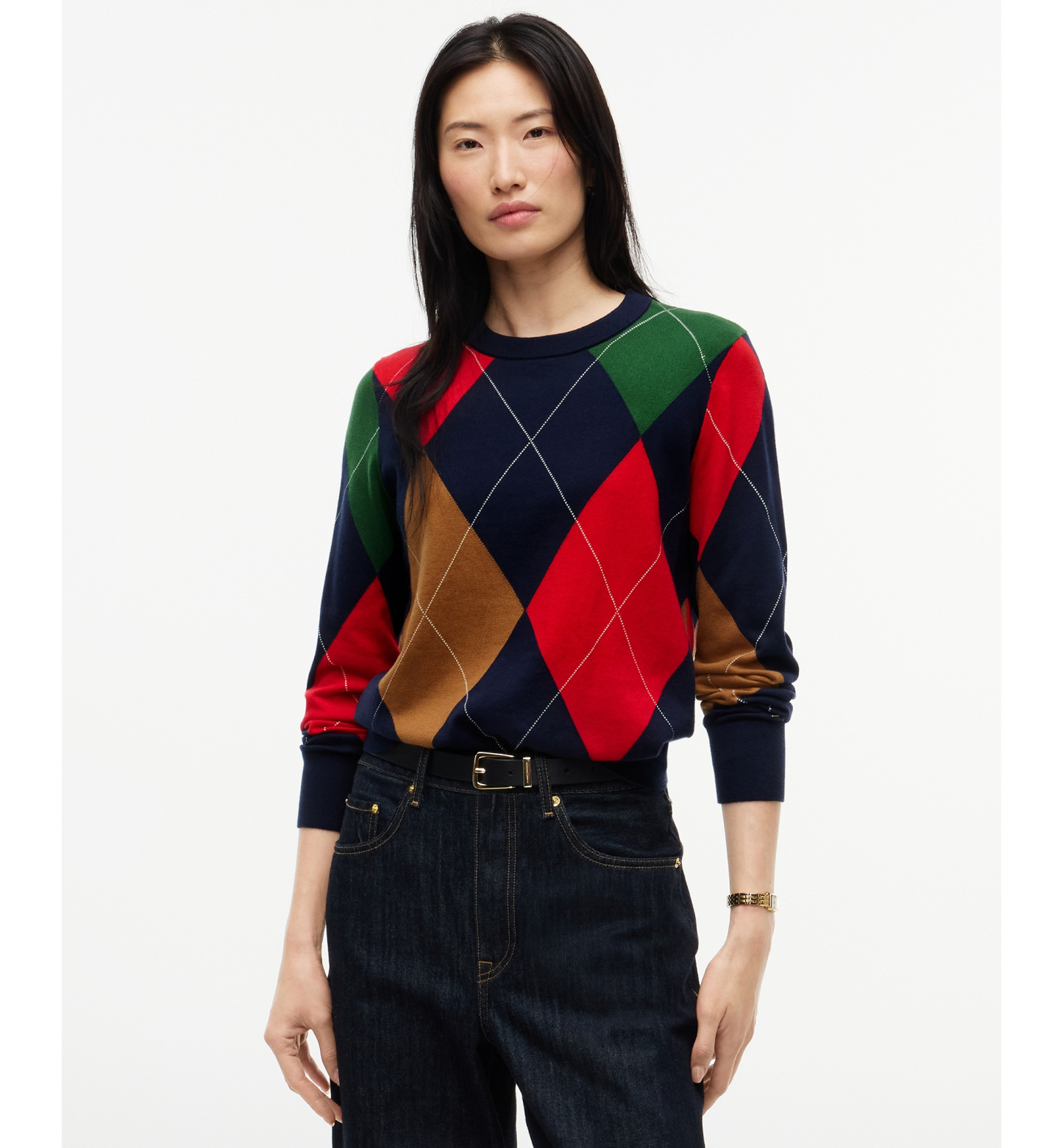 Tommy Hilfiger Women's Argyle Crewneck Cotton Sweater - Colorful Argyle Dark Blue