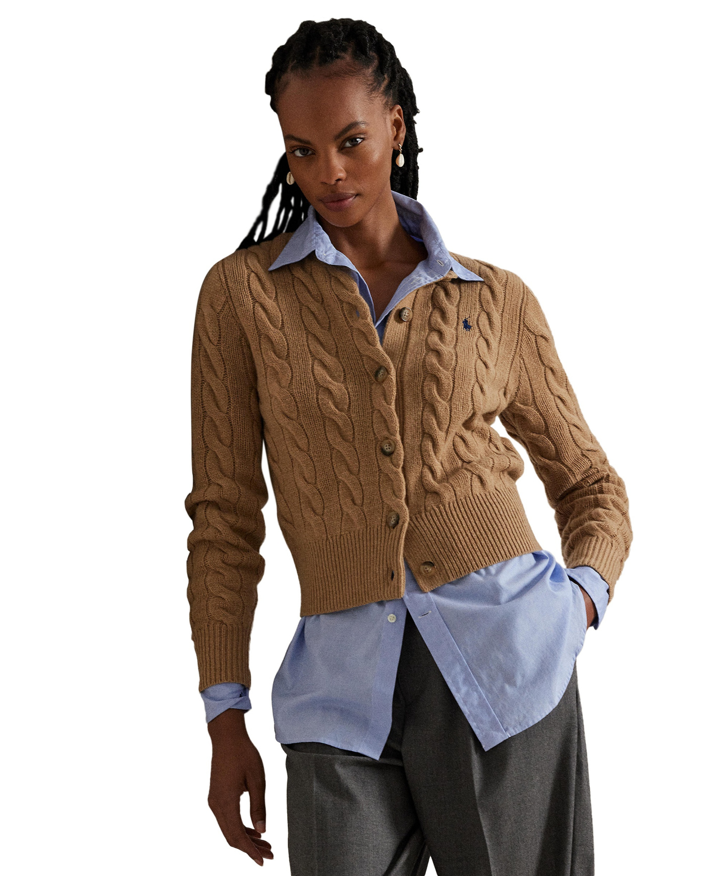 Polo Ralph Lauren Women's Cable-Knit Wool-Cashmere Cardigan Sweater - Collection Camel Melange