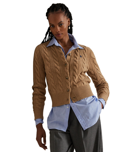 Polo Ralph Lauren Women's Cable-Knit Wool-Cashmere Cardigan Sweater - Collection Camel Melange