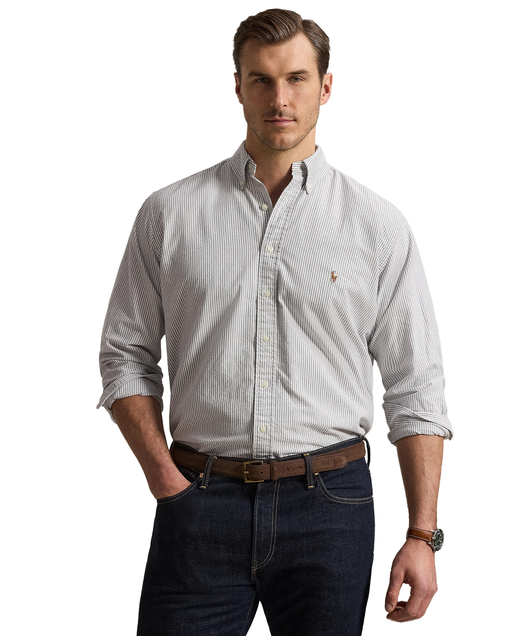 Polo Ralph Lauren Men's Big & Tall Long-Sleeve Oxford Shirt - 6636A Navy/White
