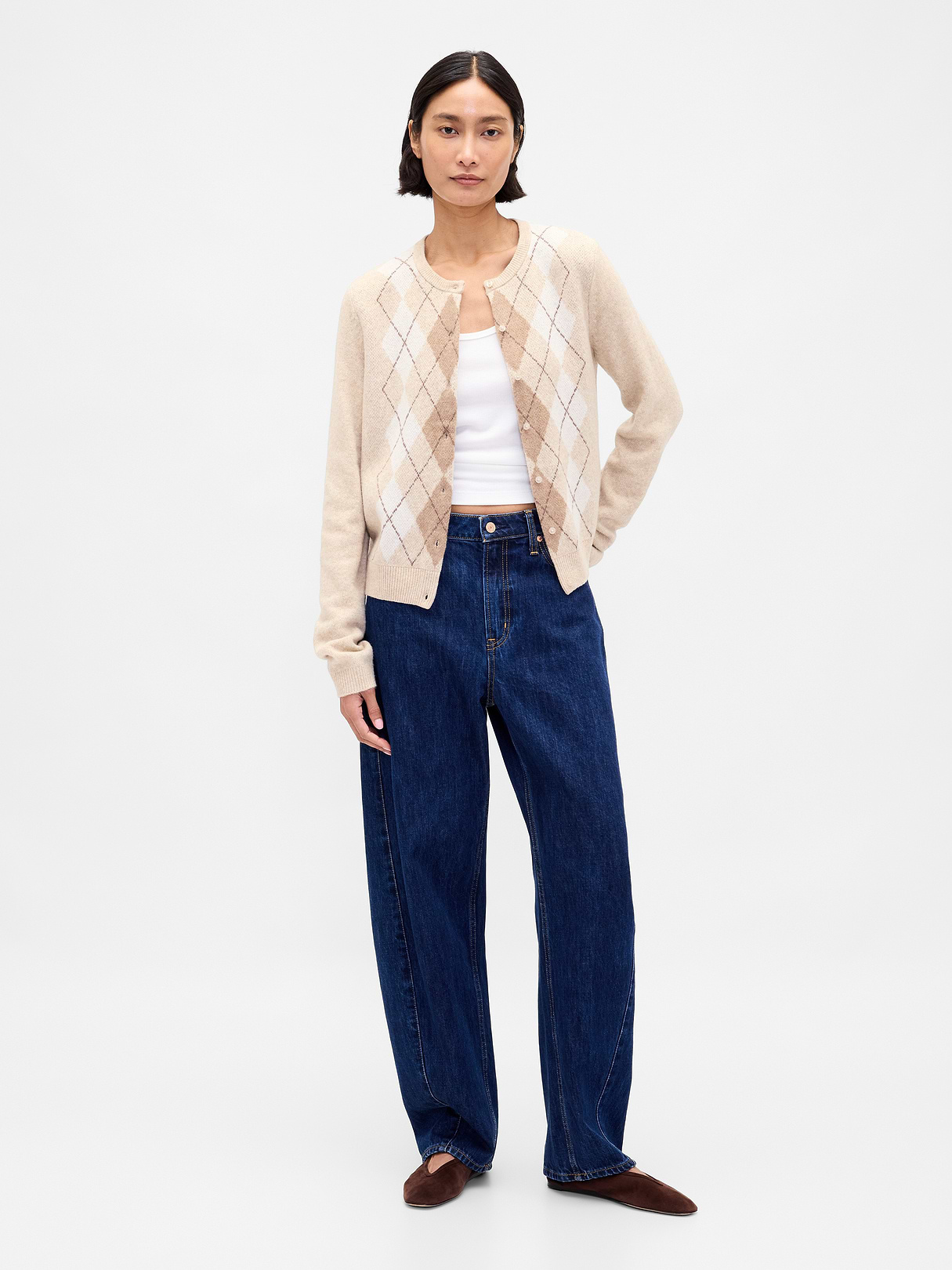CashSoft Crop Cardigan - Winter beige argyle