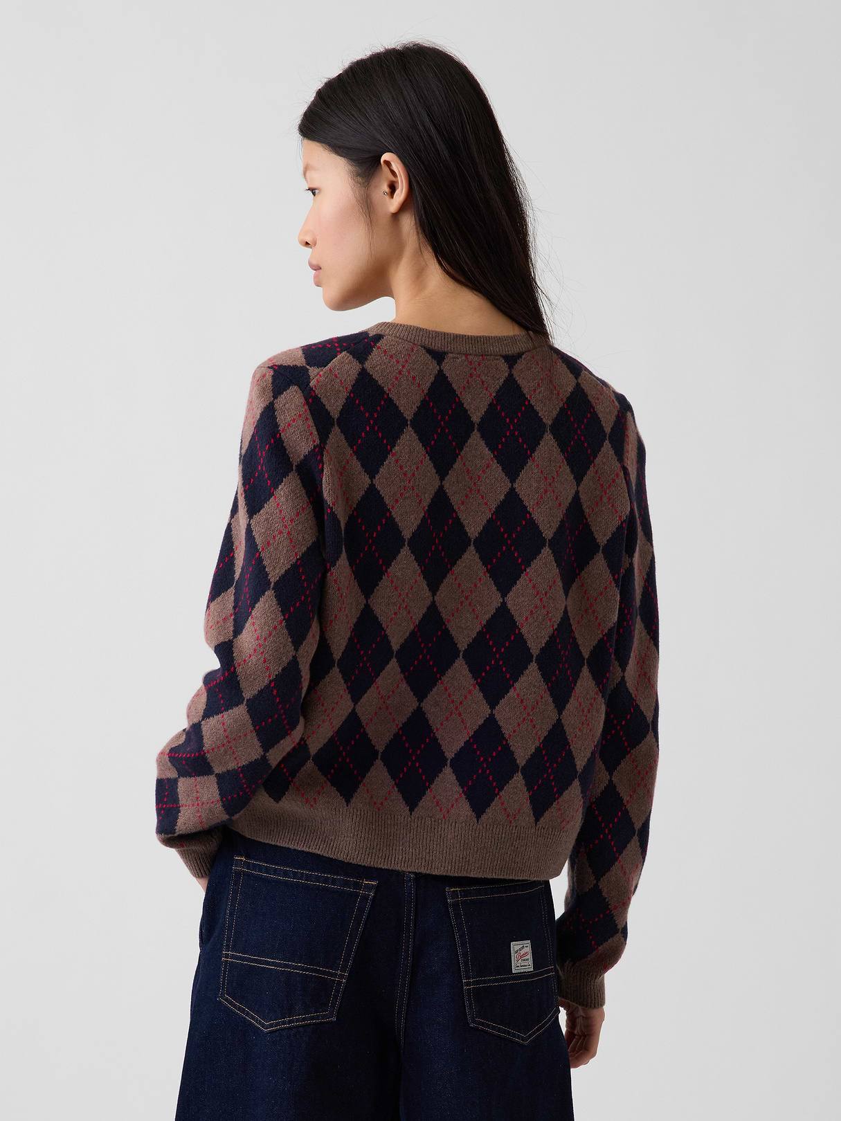 CashSoft Crop Cardigan - Brown and navy blue argyle