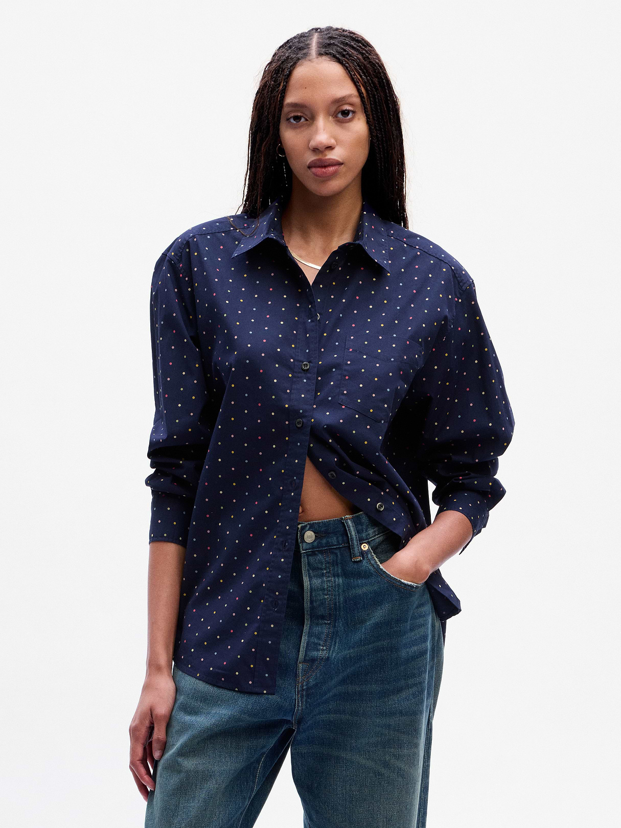 Organic Cotton Poplin Stripe Big Shirt - navy blue multi dot