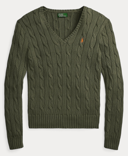 Polo Ralph Lauren Women's Cable-Knit Cotton V-Neck Sweater - Dense Olive