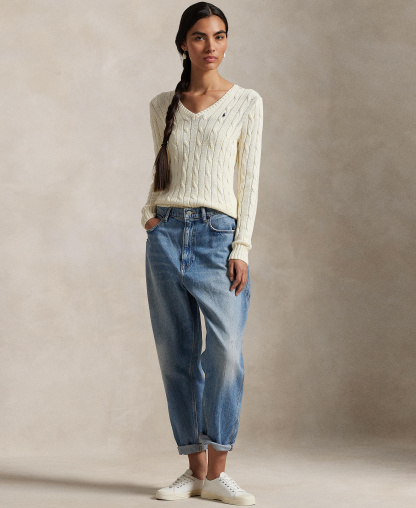 Polo Ralph Lauren Women's Cable-Knit Cotton V-Neck Sweater - Cream