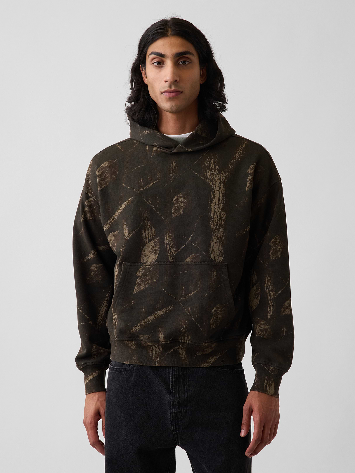 Adult Heavyweight Oversized Hoodie - Khaki tan leaf print