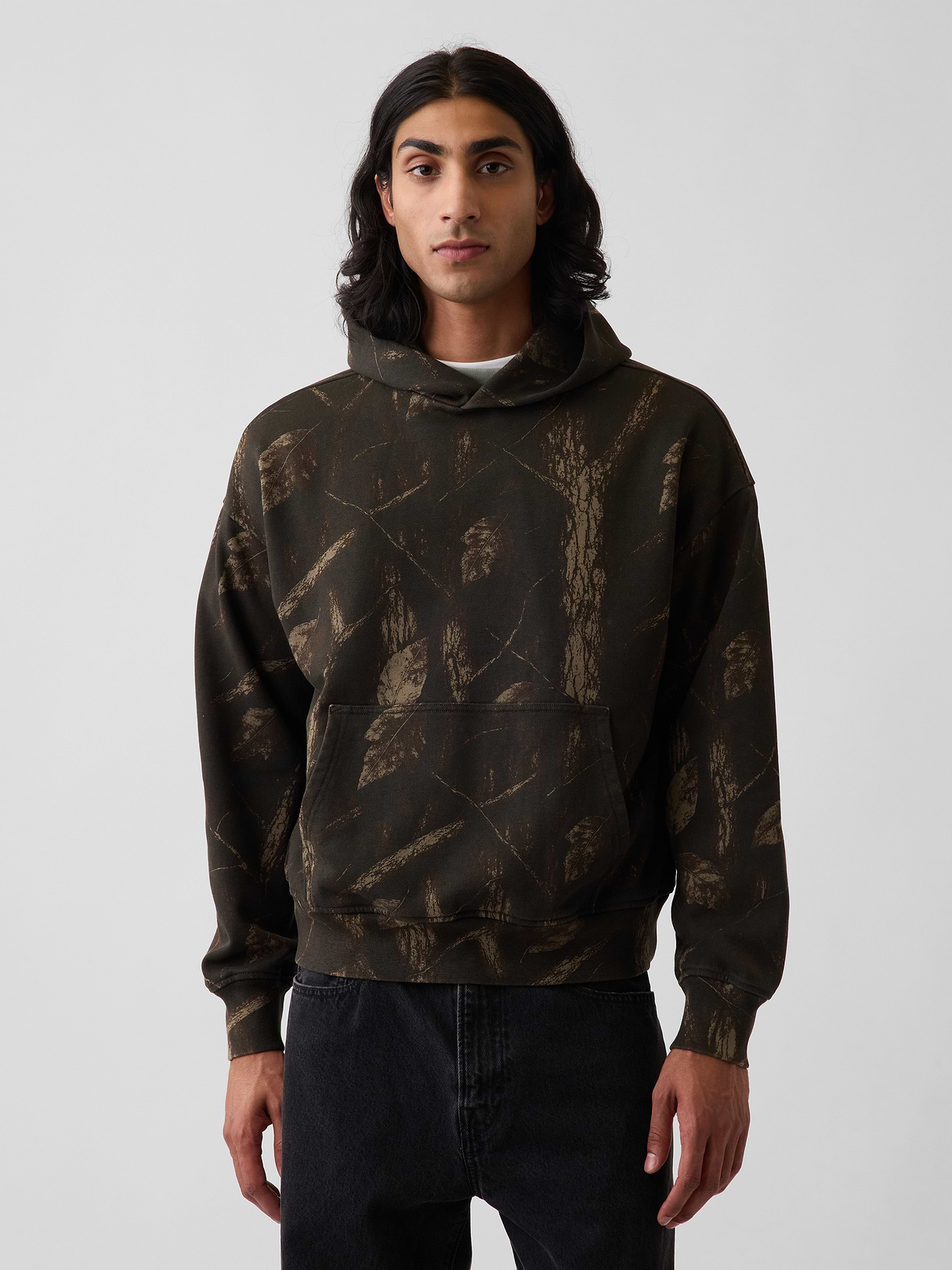 Adult Heavyweight Oversized Hoodie - Khaki tan leaf print