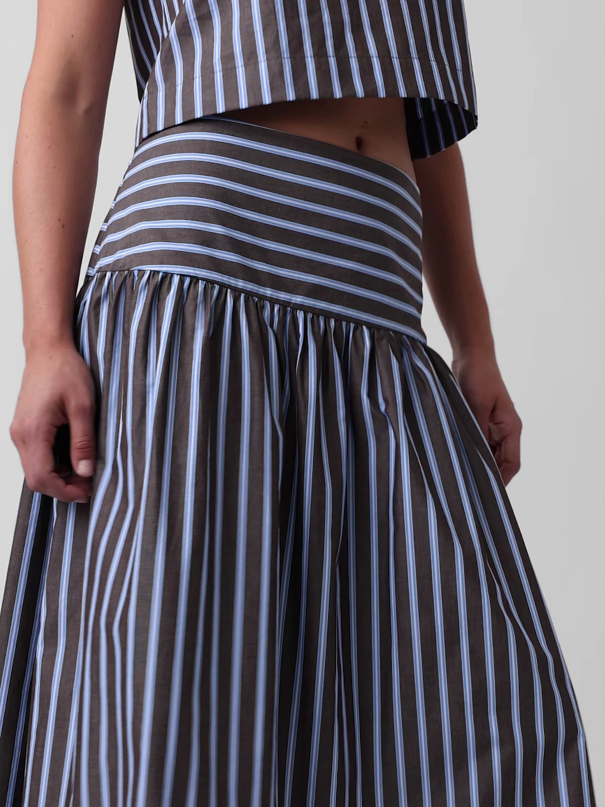 Poplin Drop-Waist Maxi Skirt - Blue & brown stripe