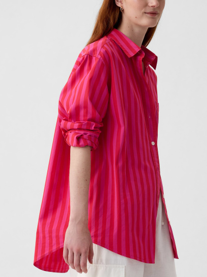 Organic Cotton Poplin Stripe Big Shirt - pink & red stripe