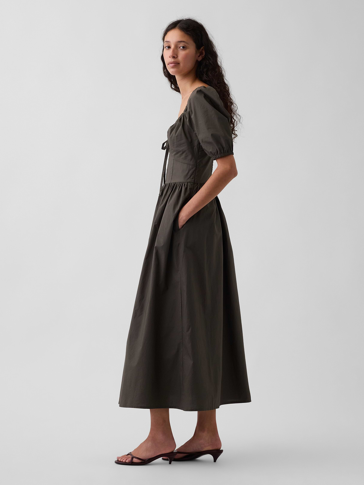 Puff-Sleeve Corset Maxi Dress - Bamboo green