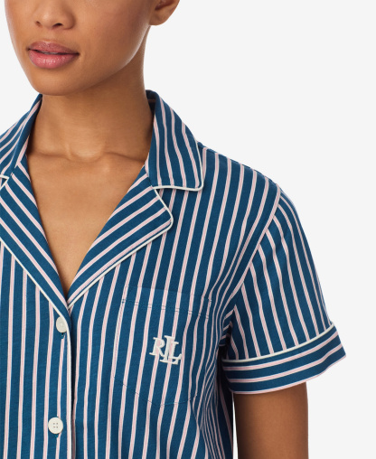 Lauren Ralph Lauren Women's Short-Sleeve Top and Ankle-Length Pajama Pants, 2-Piece Set - Navy and White Stripe