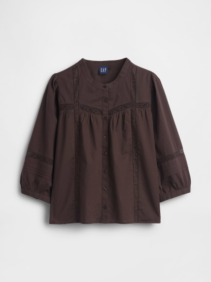 Lace-Trim Button-Front Swing Top - Terra brown