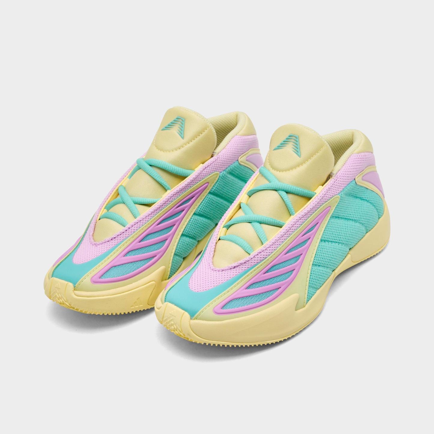Little Kids' adidas Anthony Edwards 2 Basketball Shoes - Almost Yellow/Bliss Lilac/Flash Aqua - Both shoes facing left