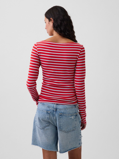 Modern Boatneck T-Shirt - Red & light blue stripe