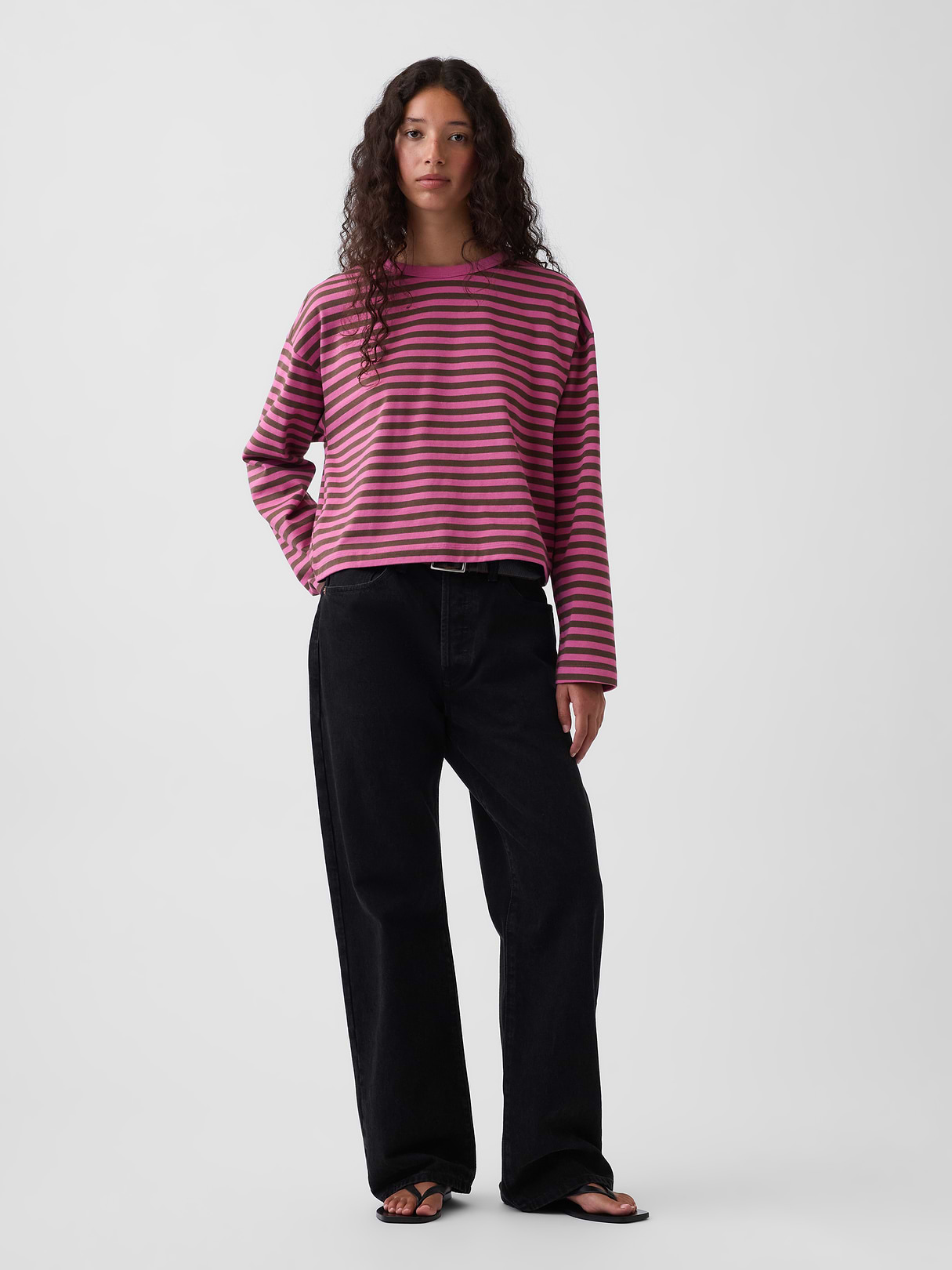 Knit Oversized Crop T-Shirt - Pink stripe