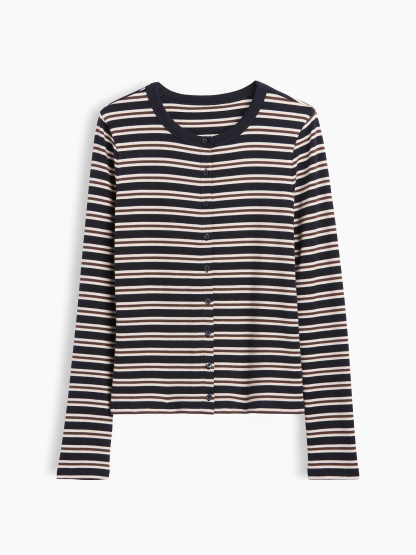 Modern Crewneck Cardigan - Navy blue stripe