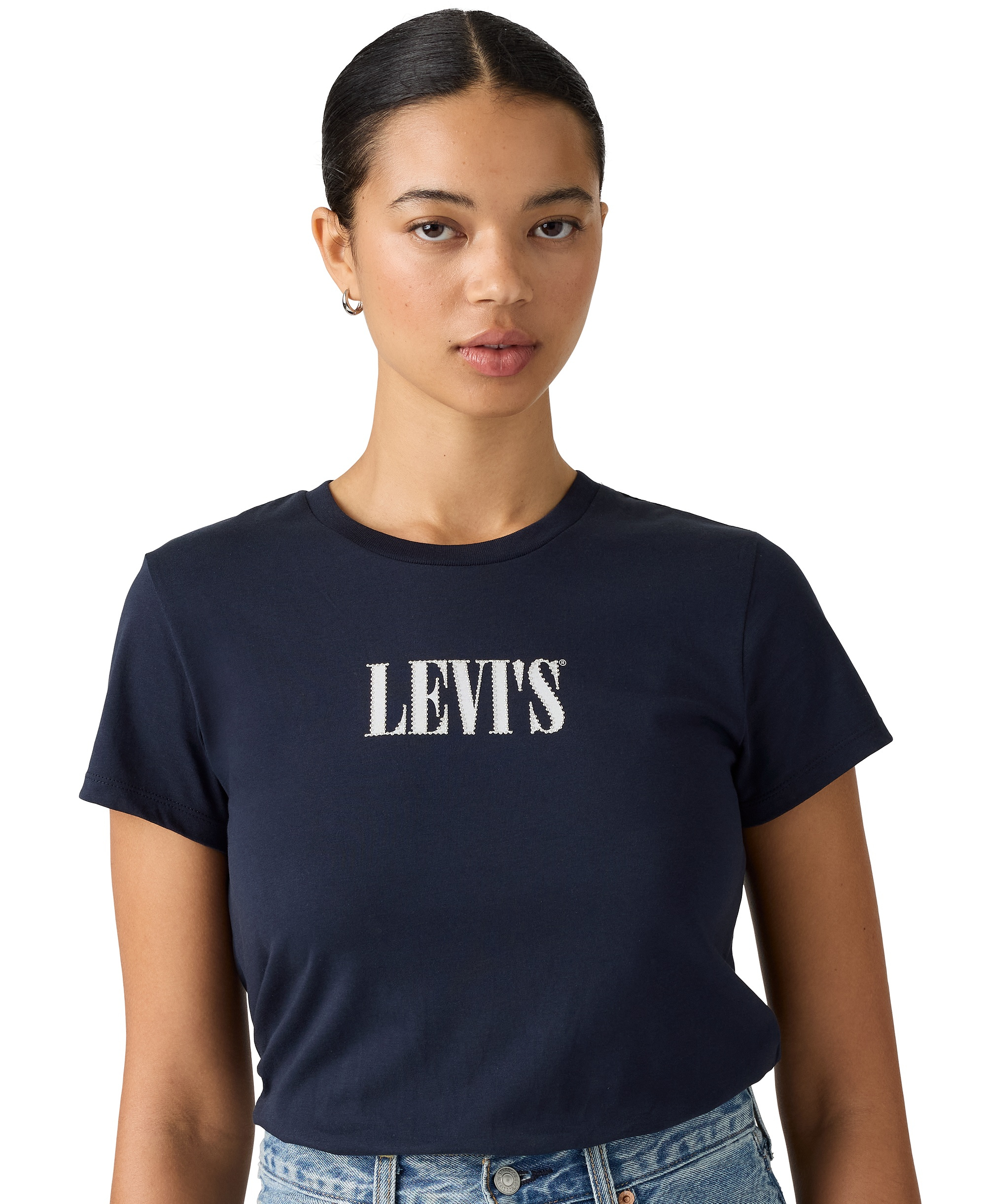 Levi's Women's Perfect Graphic Logo Cotton T-Shirt - Serif Stud Outline Navy Blazer
