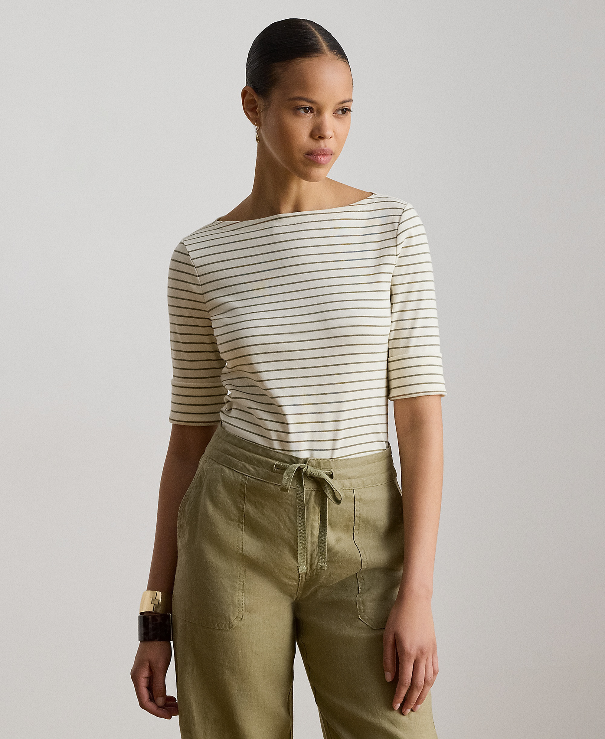 Lauren Ralph Lauren Women's Striped Boat Neck Top - Mas Cream/Light Agave