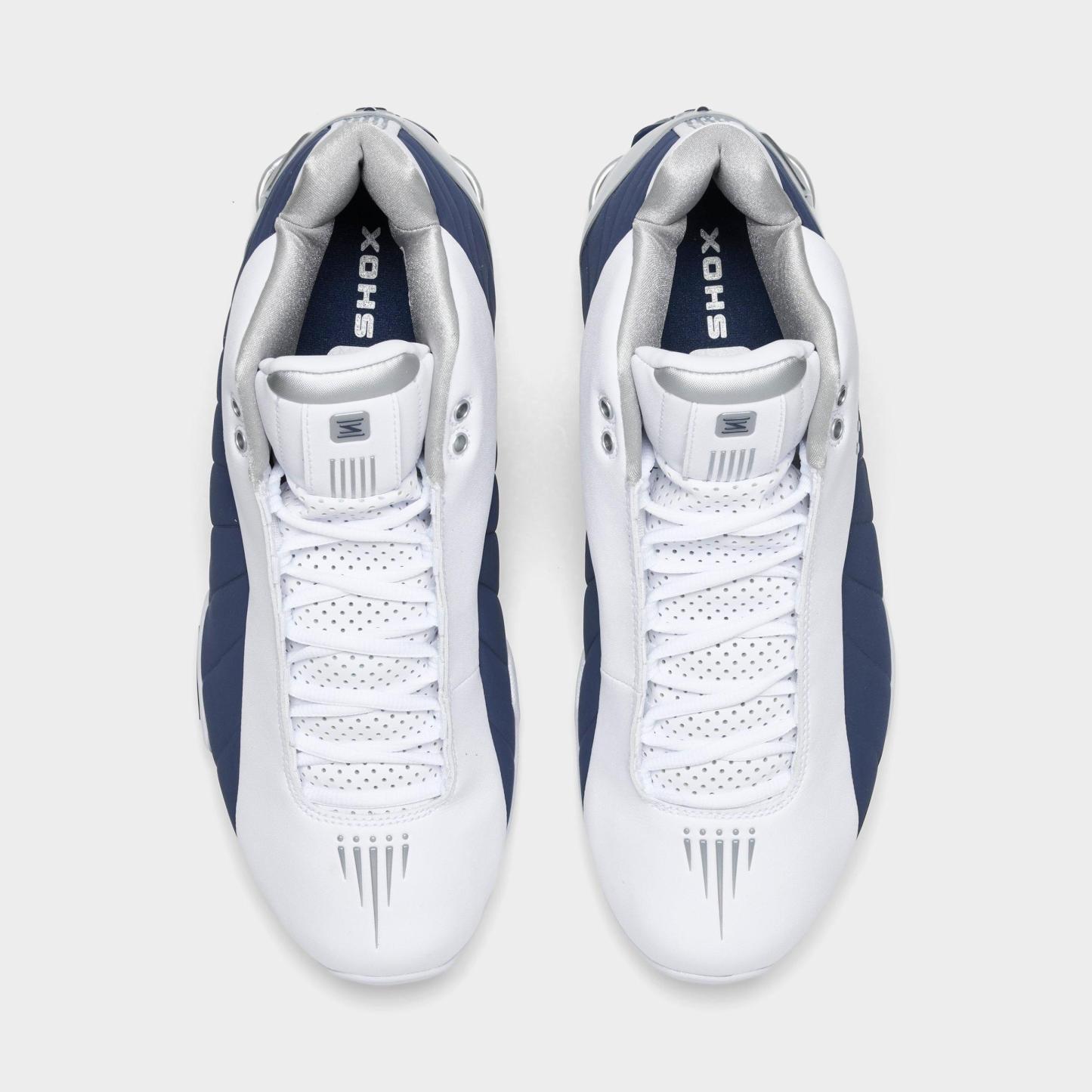 Men's Nithtke Shox BB4 Basketball Shoes - White/Midnight Navy/Metallic Silver - Top view