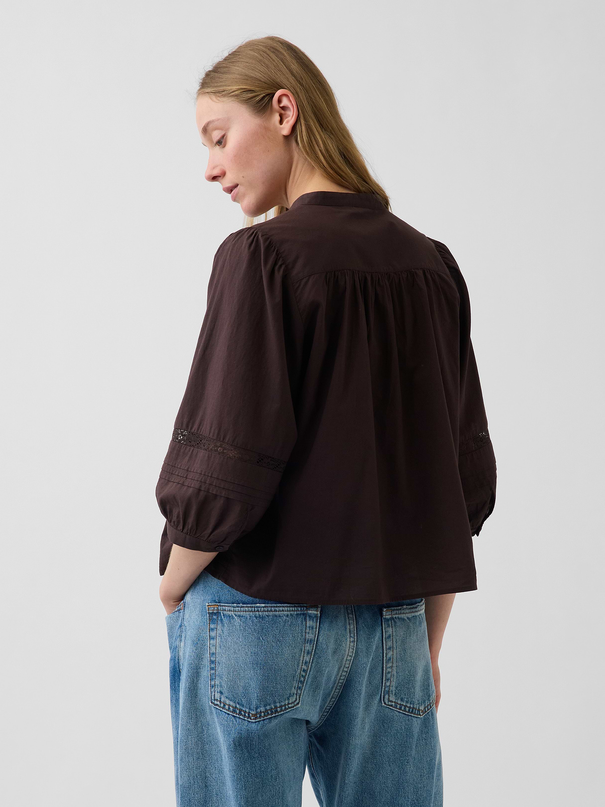 Lace-Trim Button-Front Swing Top - Terra brown