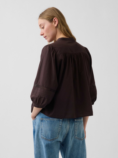 Lace-Trim Button-Front Swing Top - Terra brown