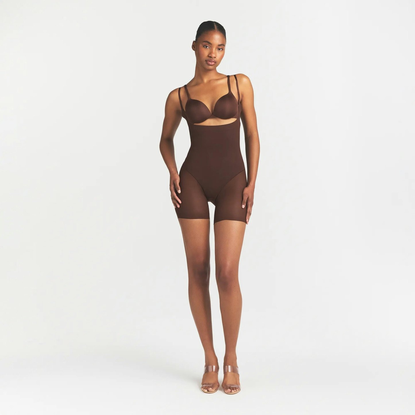 POWER MESH SHAPEWEAR CORE SCULPT OPEN BUST MID THIGH BODYSUIT - COCOA
