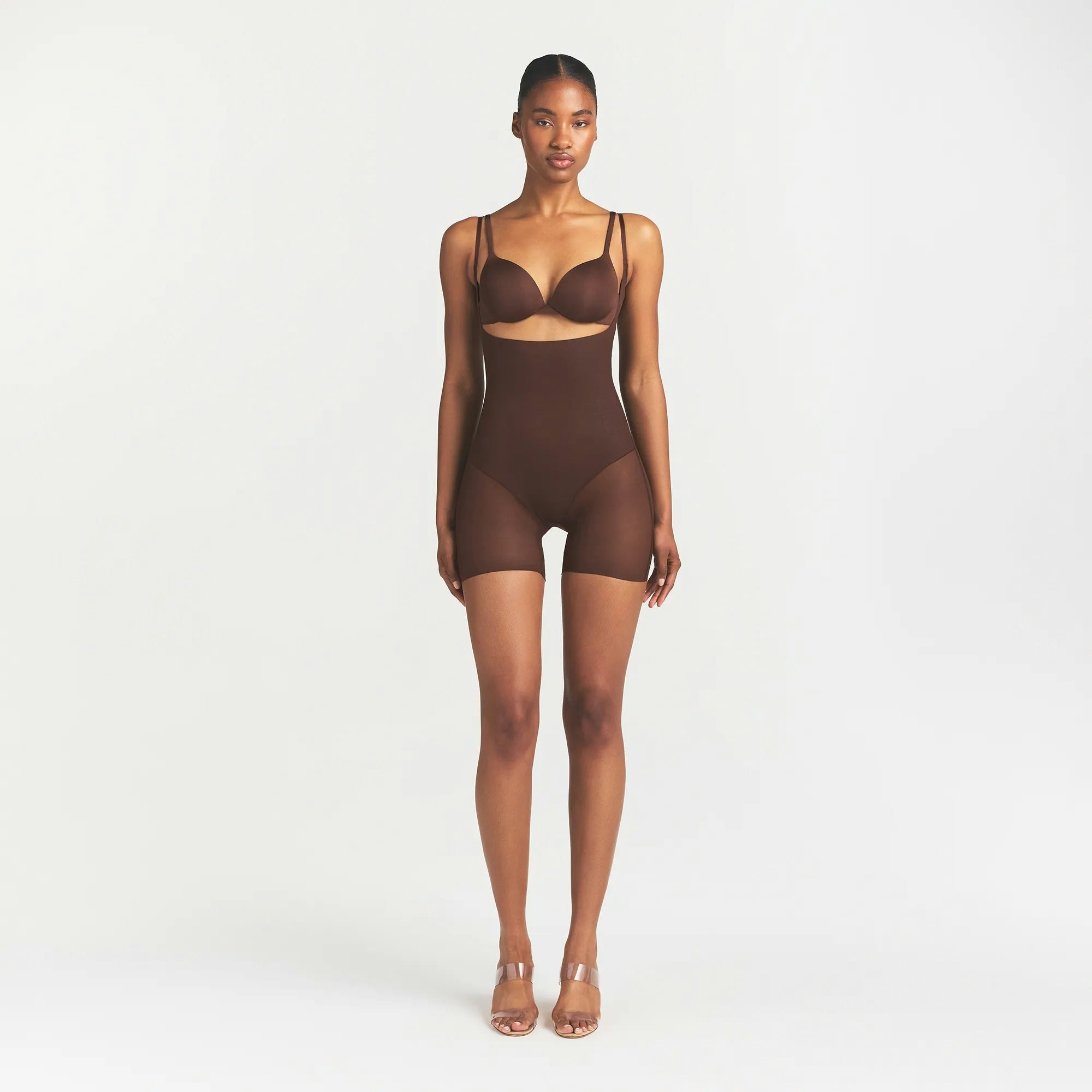 SKIMS BODY CORE SCULPT BACK SMOOTHING OPEN BUST MID THIGH BODYSUIT - COCOA