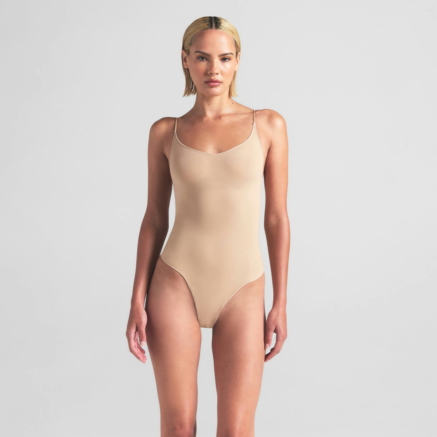 SHEER SEAMLESS THONG BODYSUIT - SAND