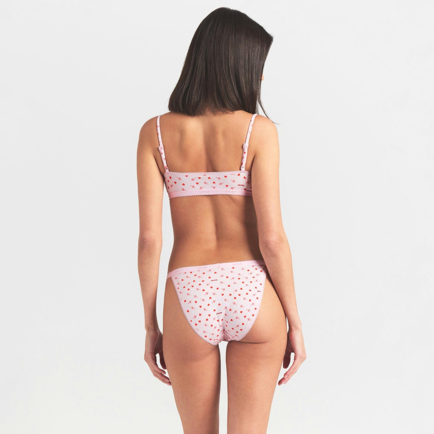 LIGHTWEIGHT COTTON LOGO PICOT STRING BIKINI - BABY PINK ARROWED HEARTS