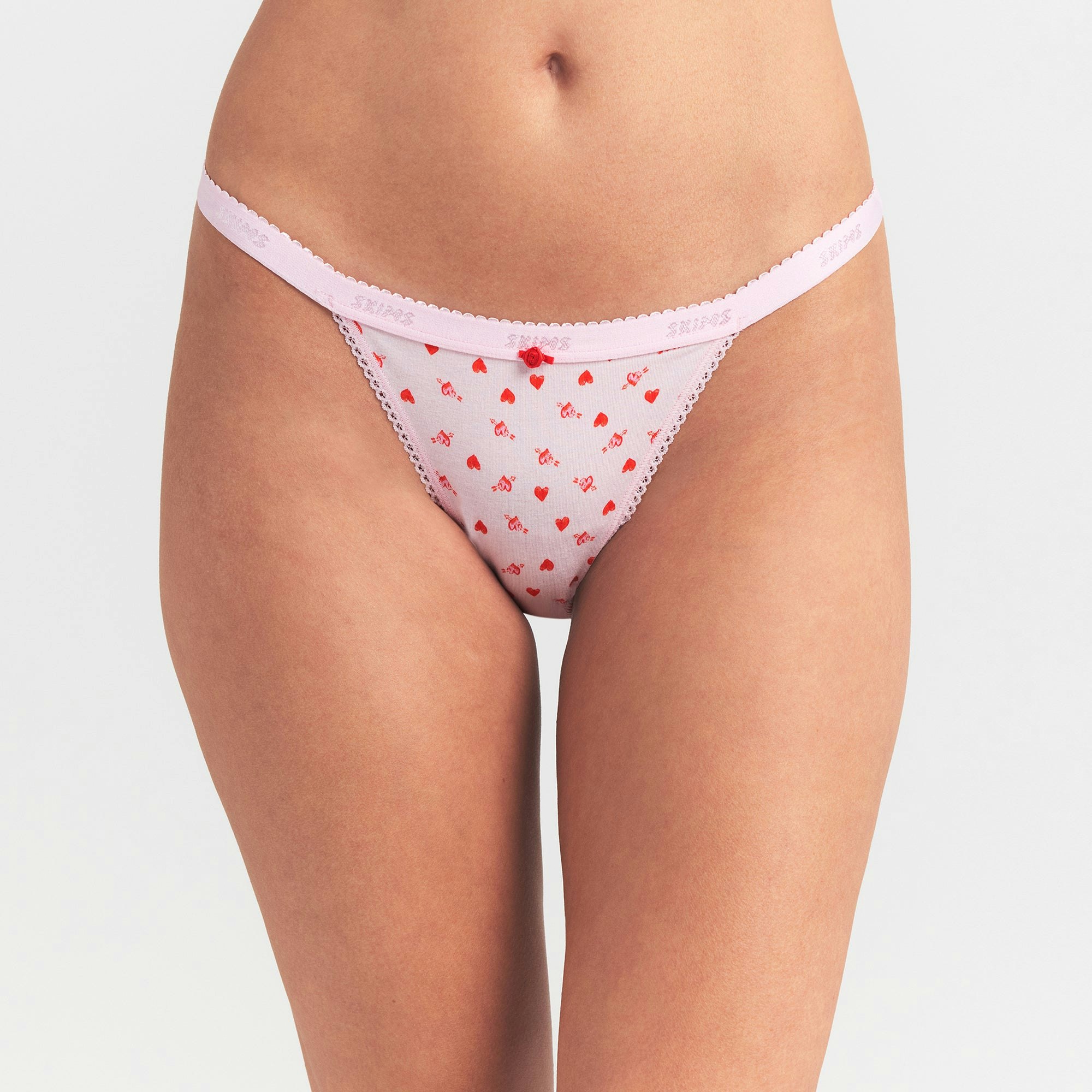 LIGHTWEIGHT COTTON LOGO PICOT STRING BIKINI - BABY PINK ARROWED HEARTS