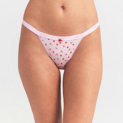 LIGHTWEIGHT COTTON LOGO PICOT STRING BIKINI - BABY PINK ARROWED HEARTS