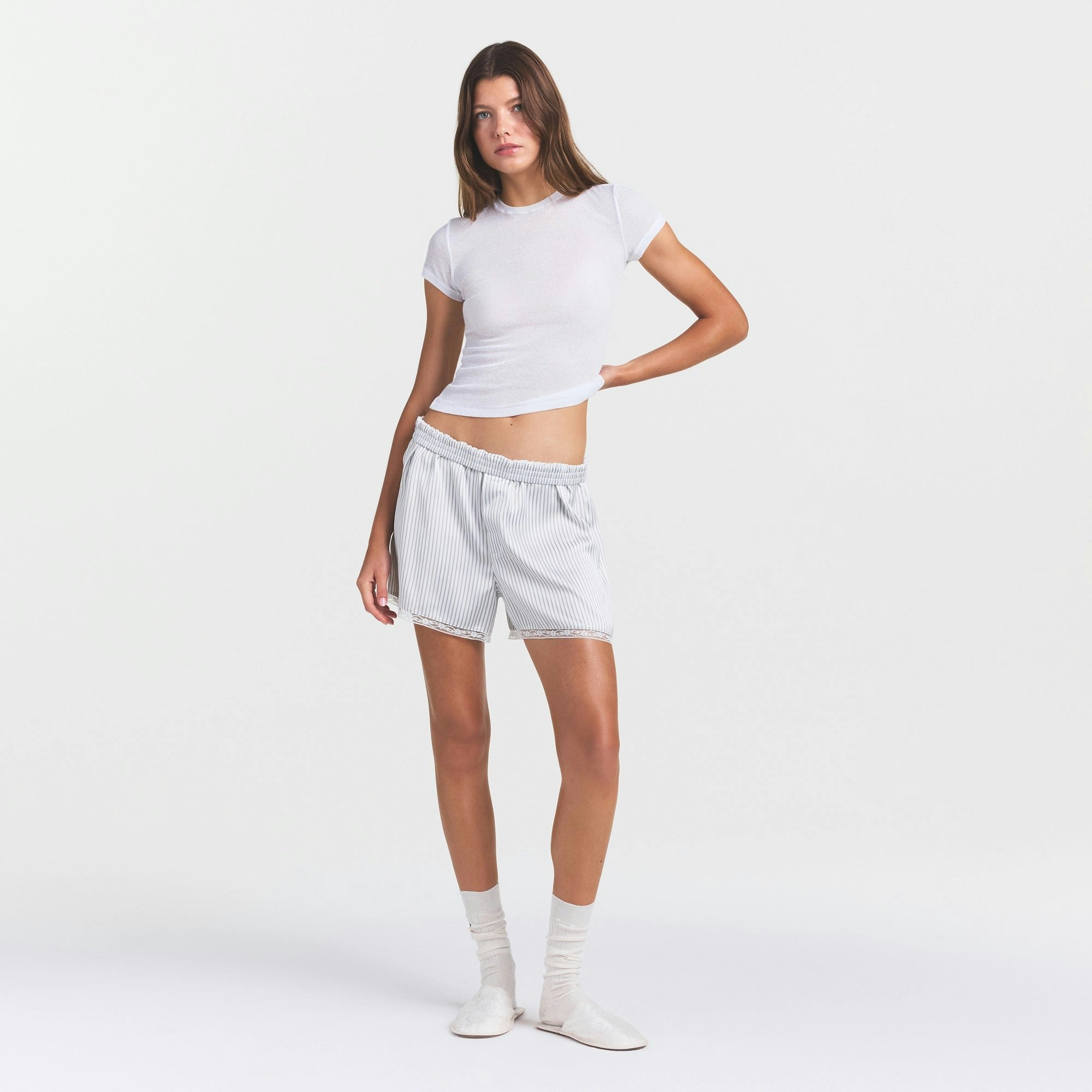 WOVEN SHINE LACE BOXER - SILVER TRIPLE PINSTRIPE