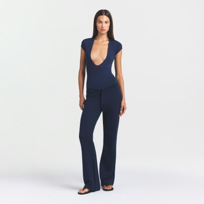 COTTON JERSEY DEEP PLUNGE BODYSUIT - NAVY
