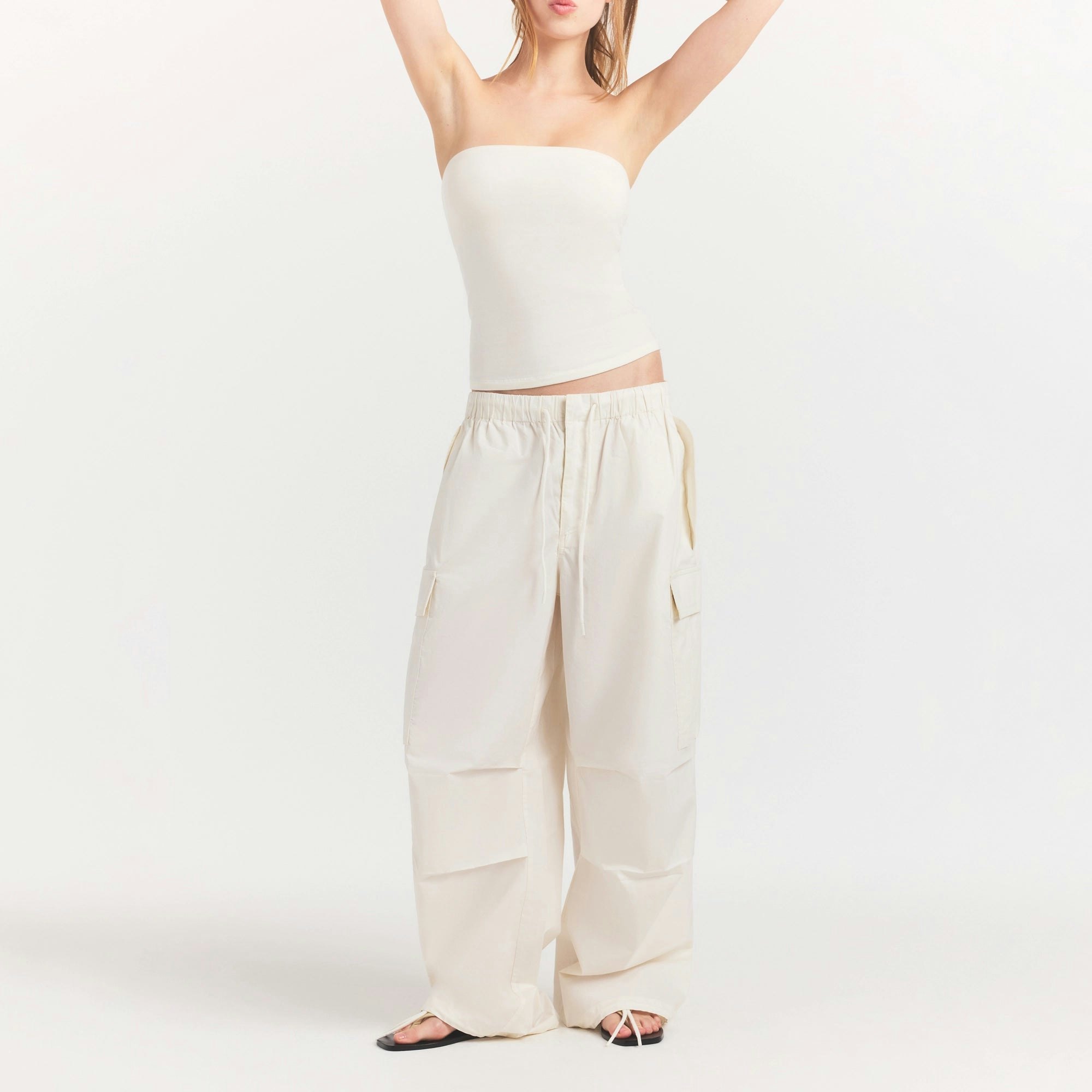 WOVEN COTTON OVERSIZED LOW RISE CARGO PANT - EGRET - image 13