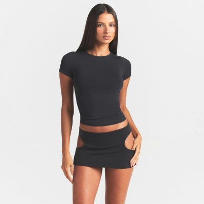 COTTON JERSEY CUT OUT MINI SKIRT - SOOT - image 12