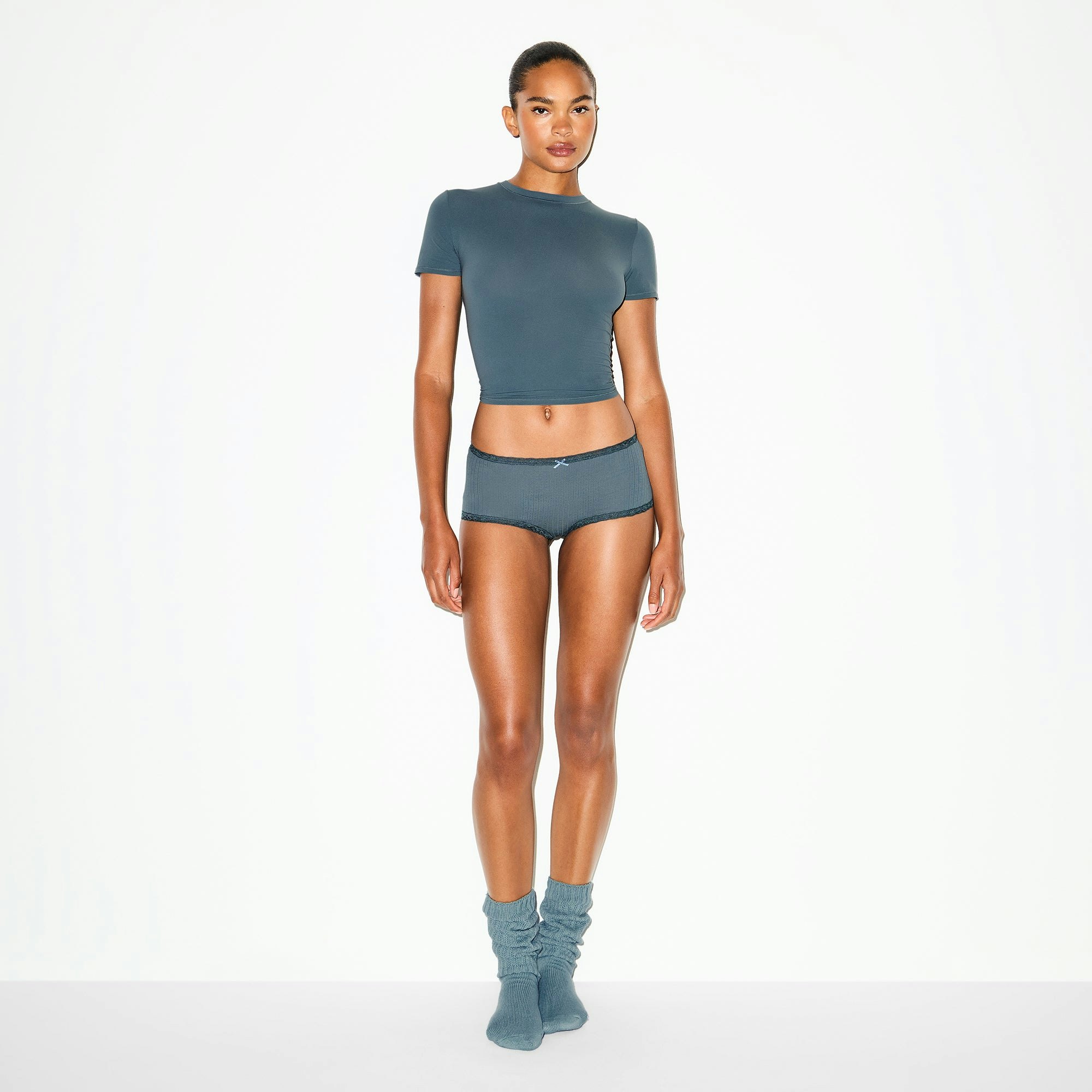 LIGHTWEIGHT COTTON POINTELLE LACE BOY SHORT - ZIRCON TONAL
